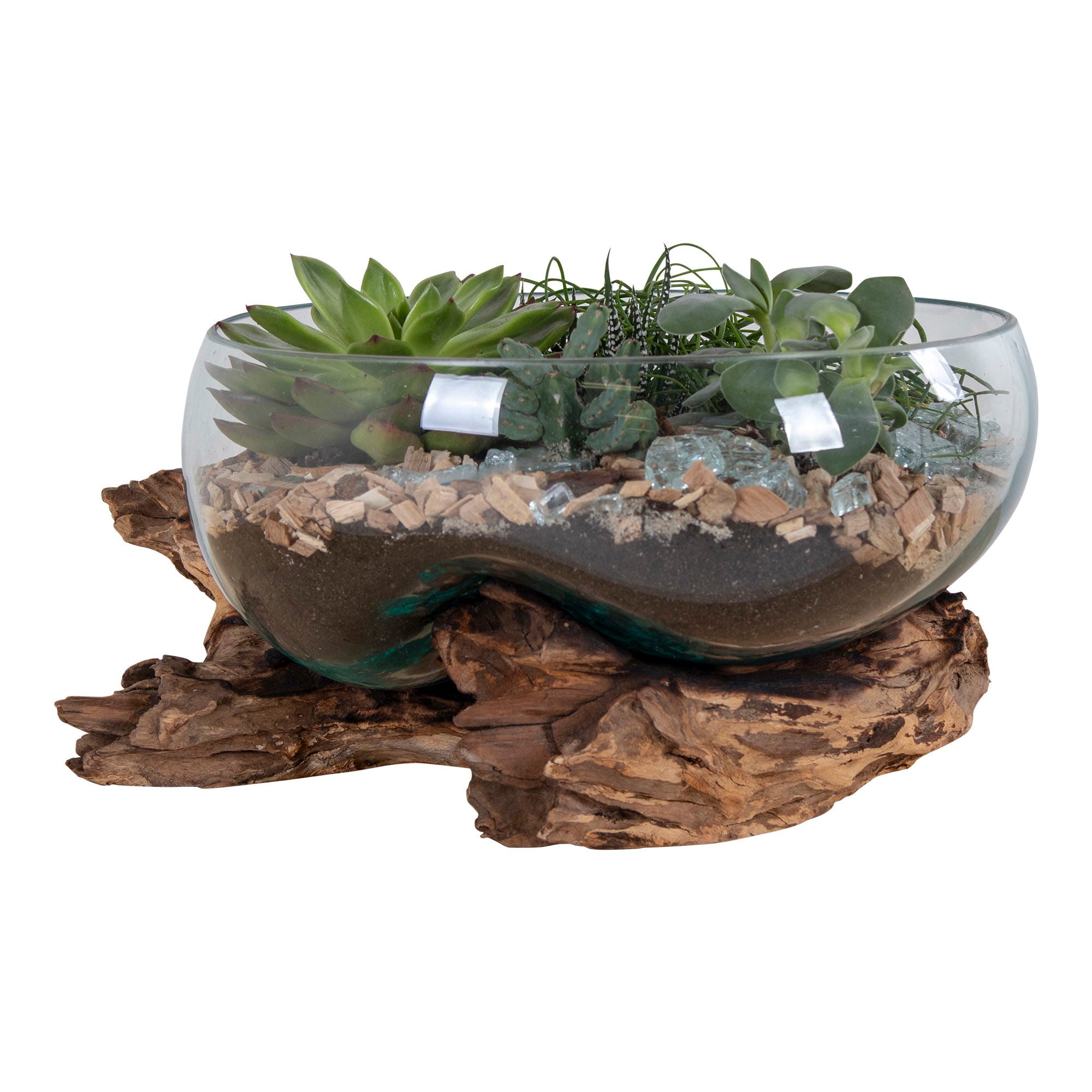 Glasobjekt auf Teakholz, natur, H20 cm